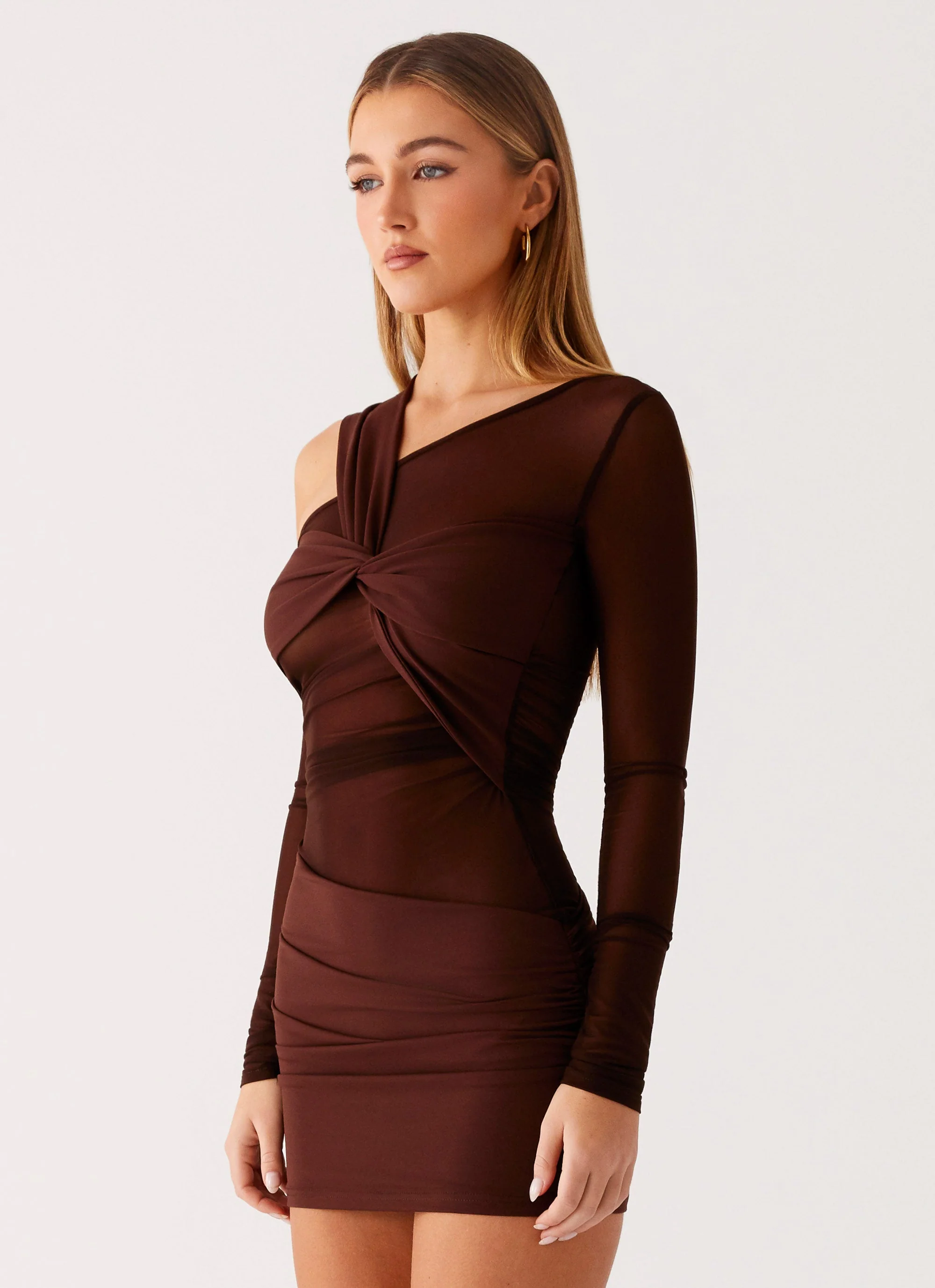 Ophelie Asymmetric Long Sleeve Mini Dress - Chocolate - Image 2