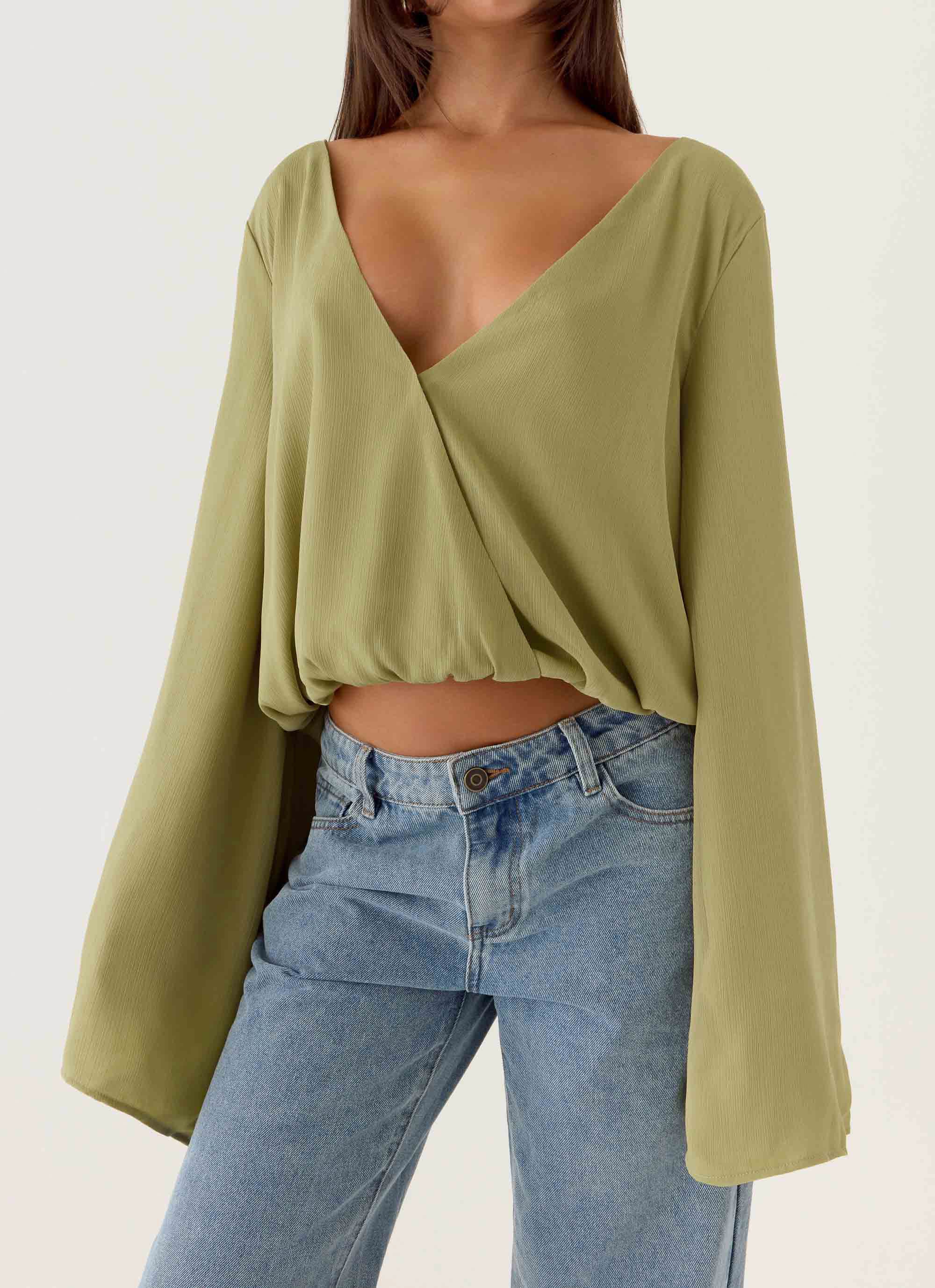 Orelia Long Sleeve Top - Green Olive - Image 5