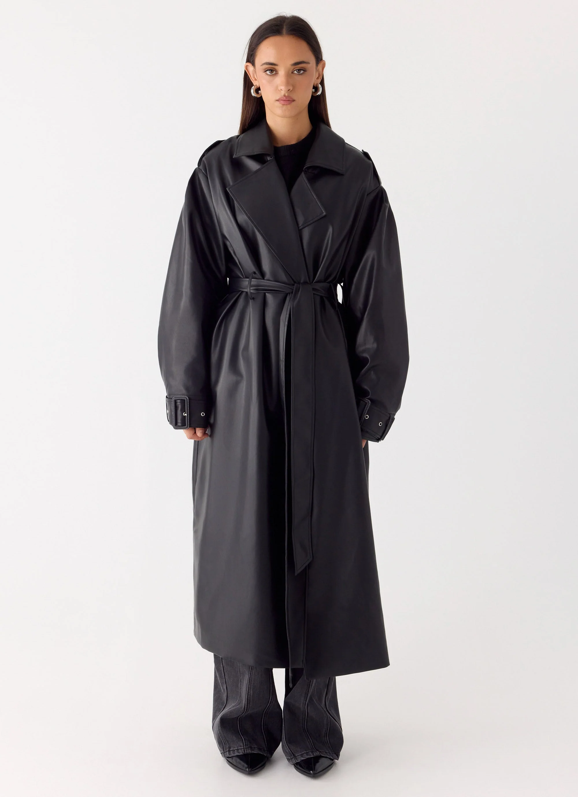 Out On The Town Faux Leather Midi Trench - Black - Image 4