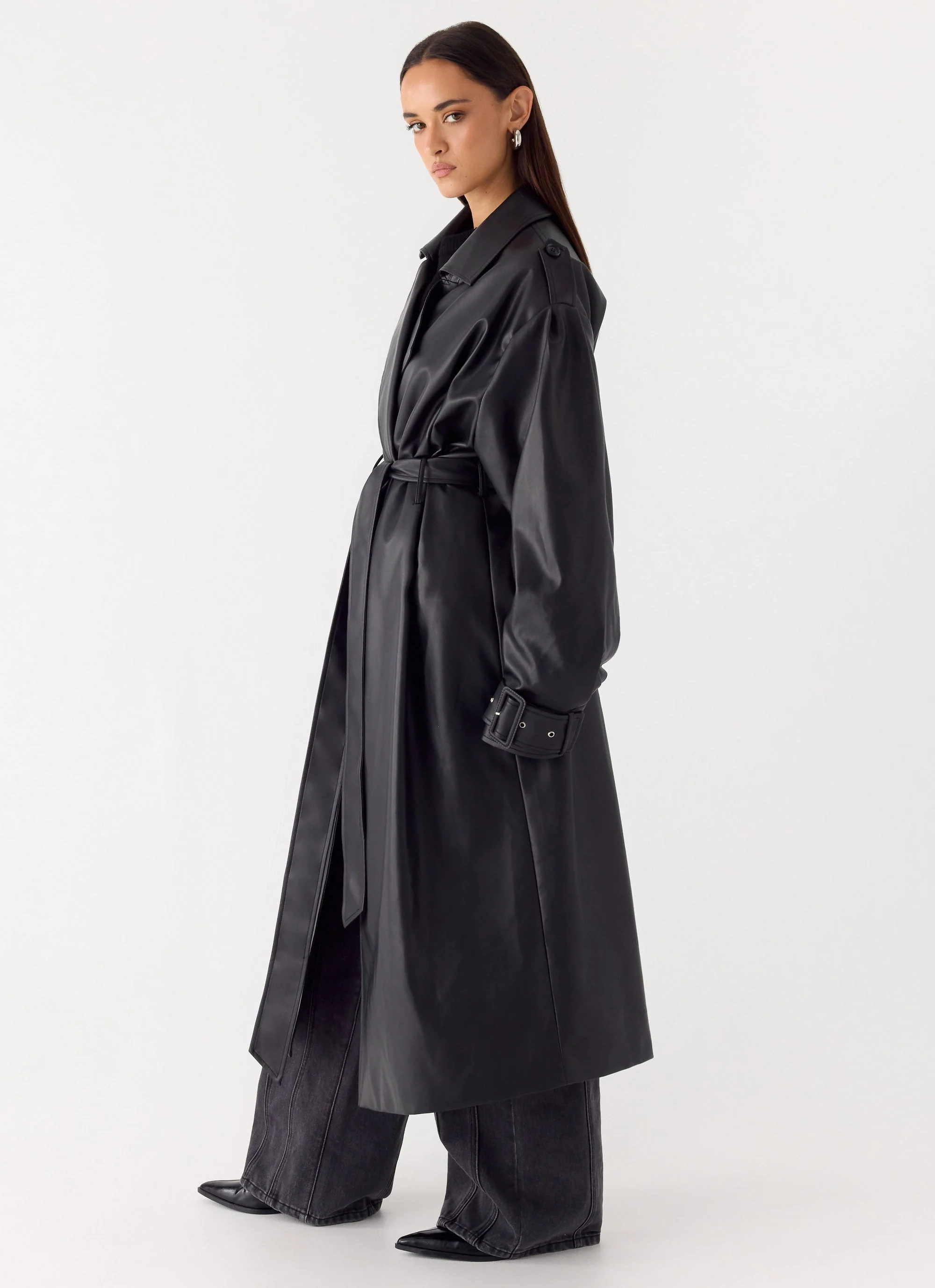 Out On The Town Faux Leather Midi Trench - Black - Image 5