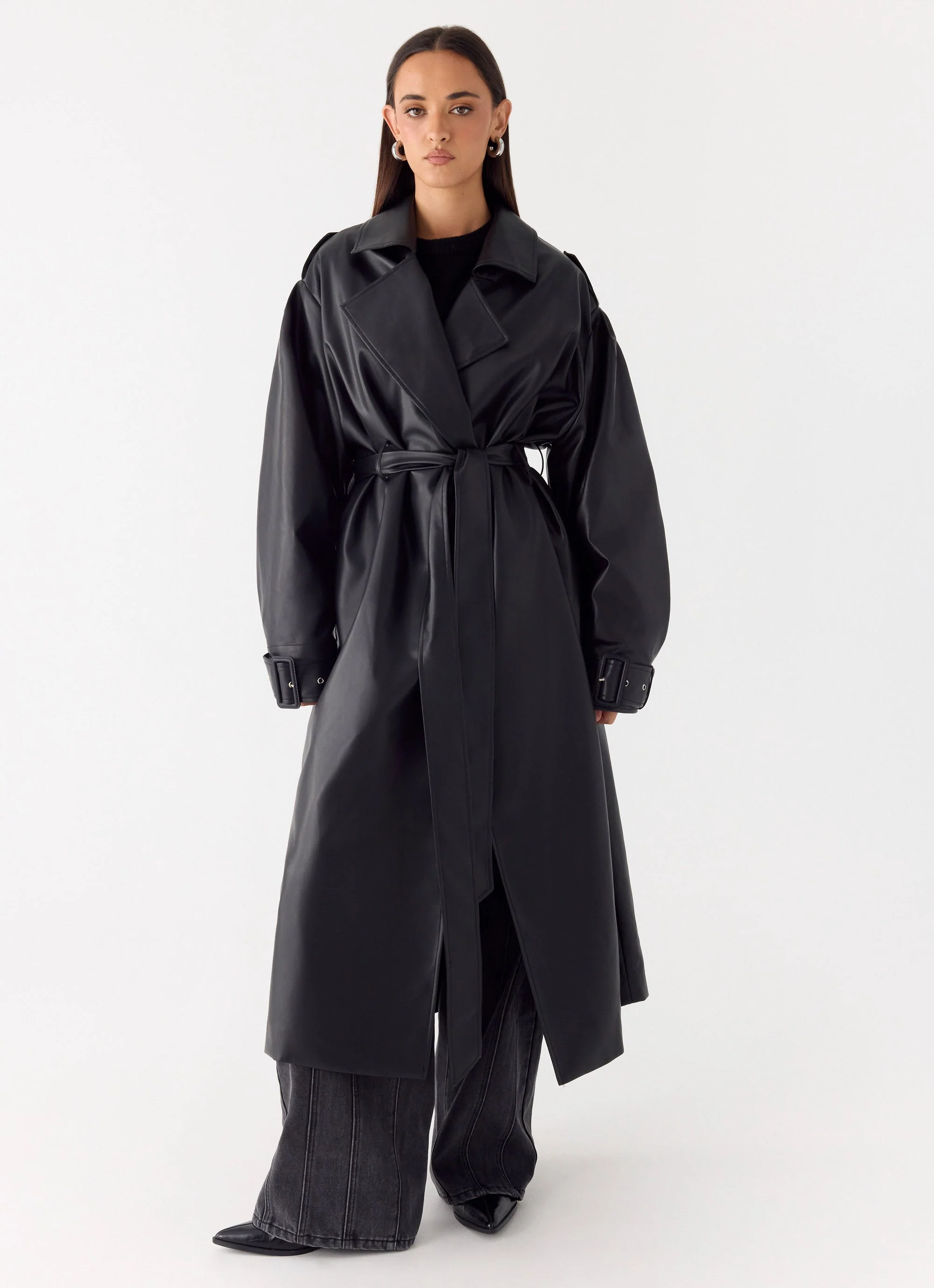 Out On The Town Faux Leather Midi Trench - Black - Image 7