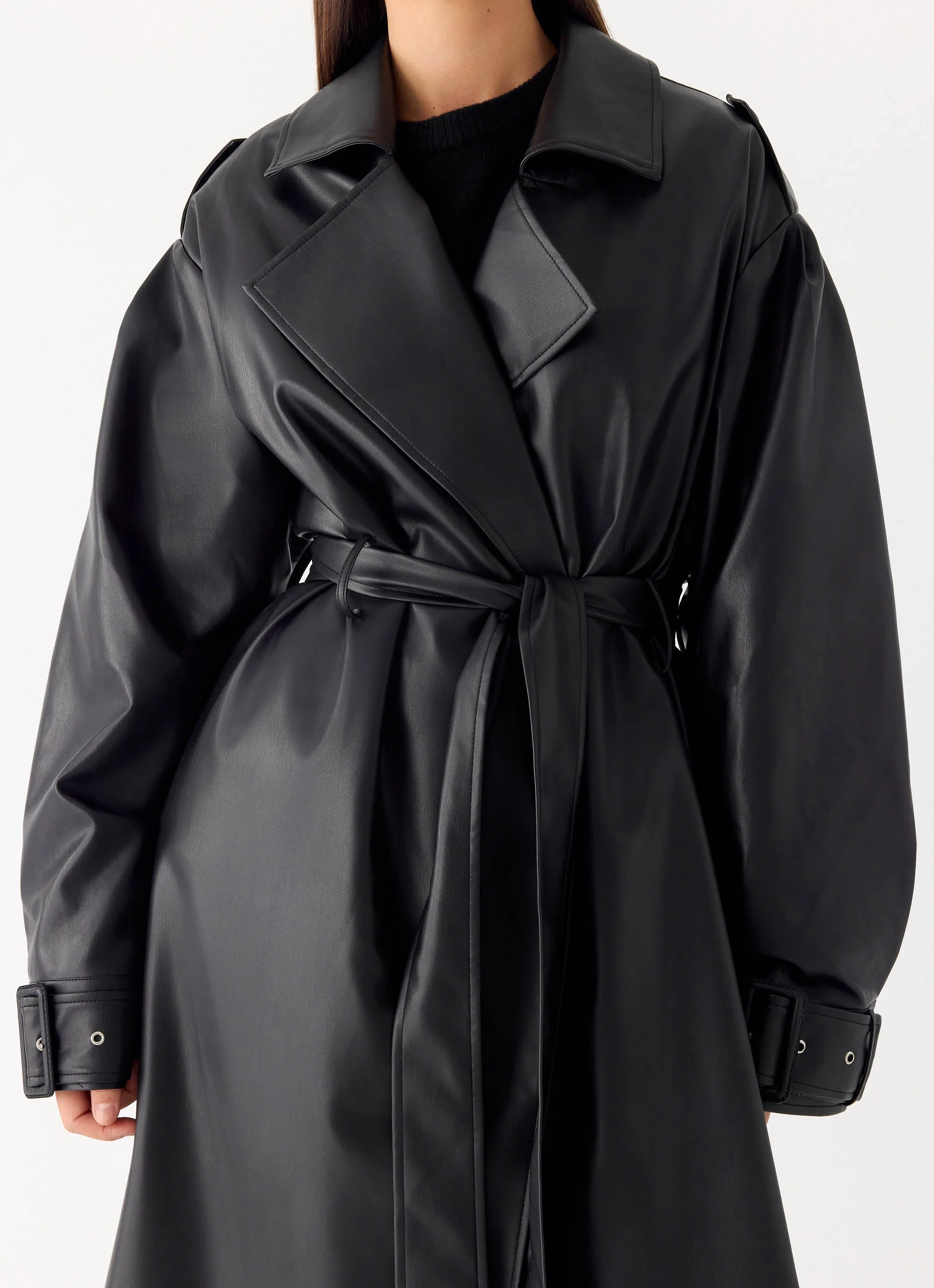 Out On The Town Faux Leather Midi Trench - Black - Image 8