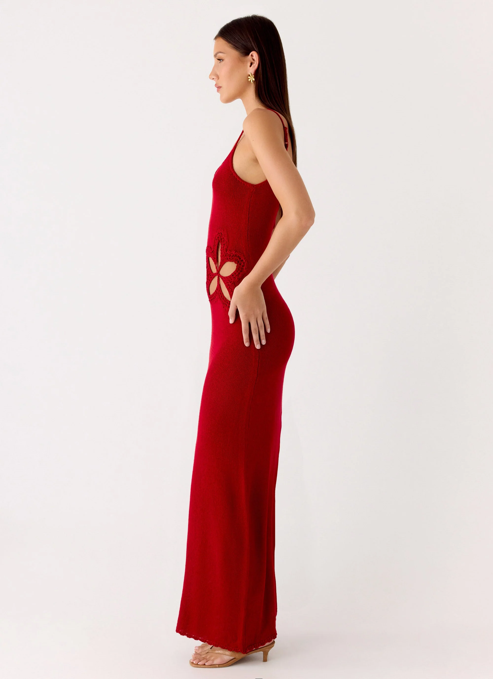 Palm Breeze Flower Crochet Maxi Dress - Burnt Red - Image 2