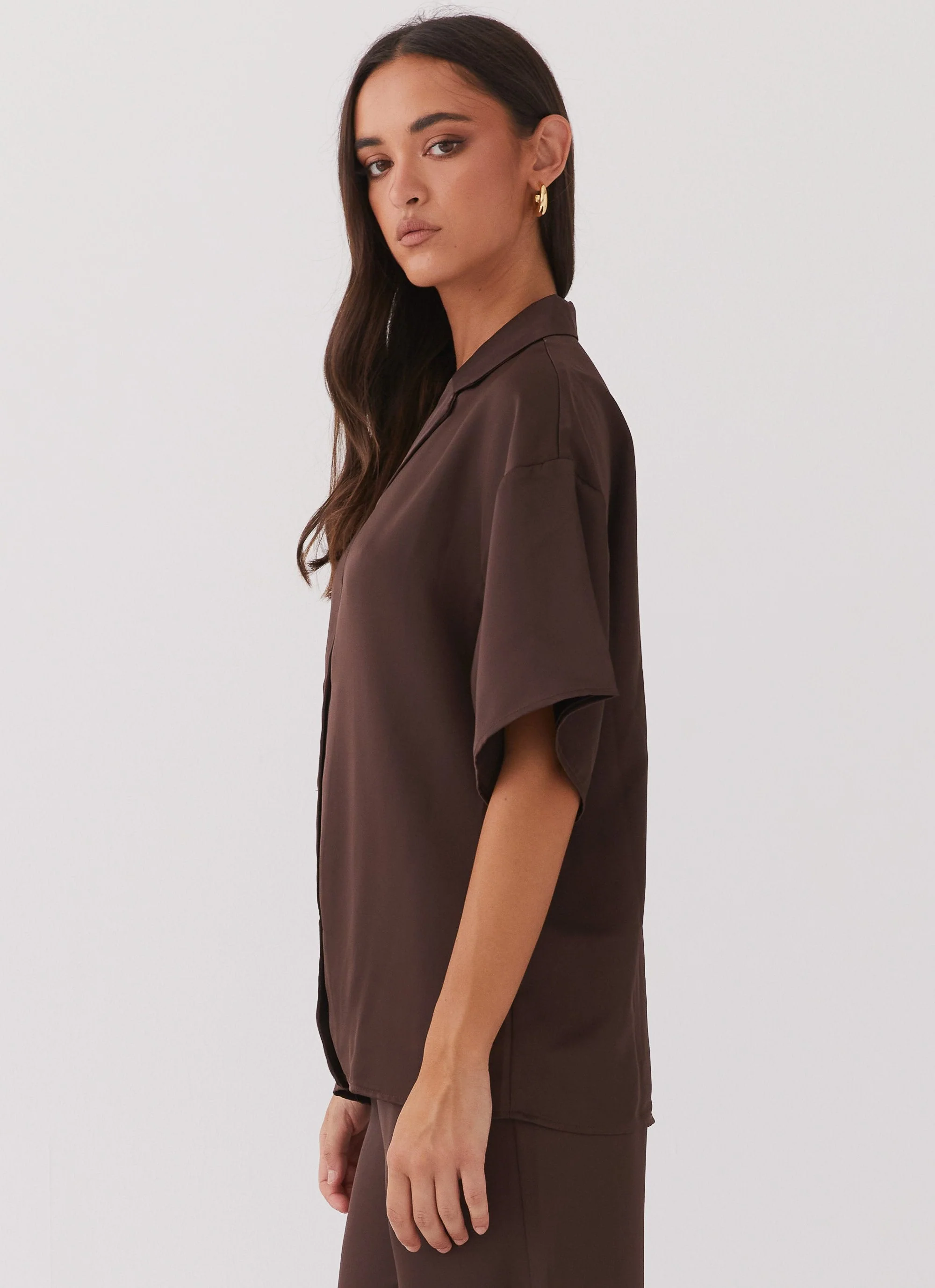 Palm Cove Satin Shirt - Chocolate - Image 4
