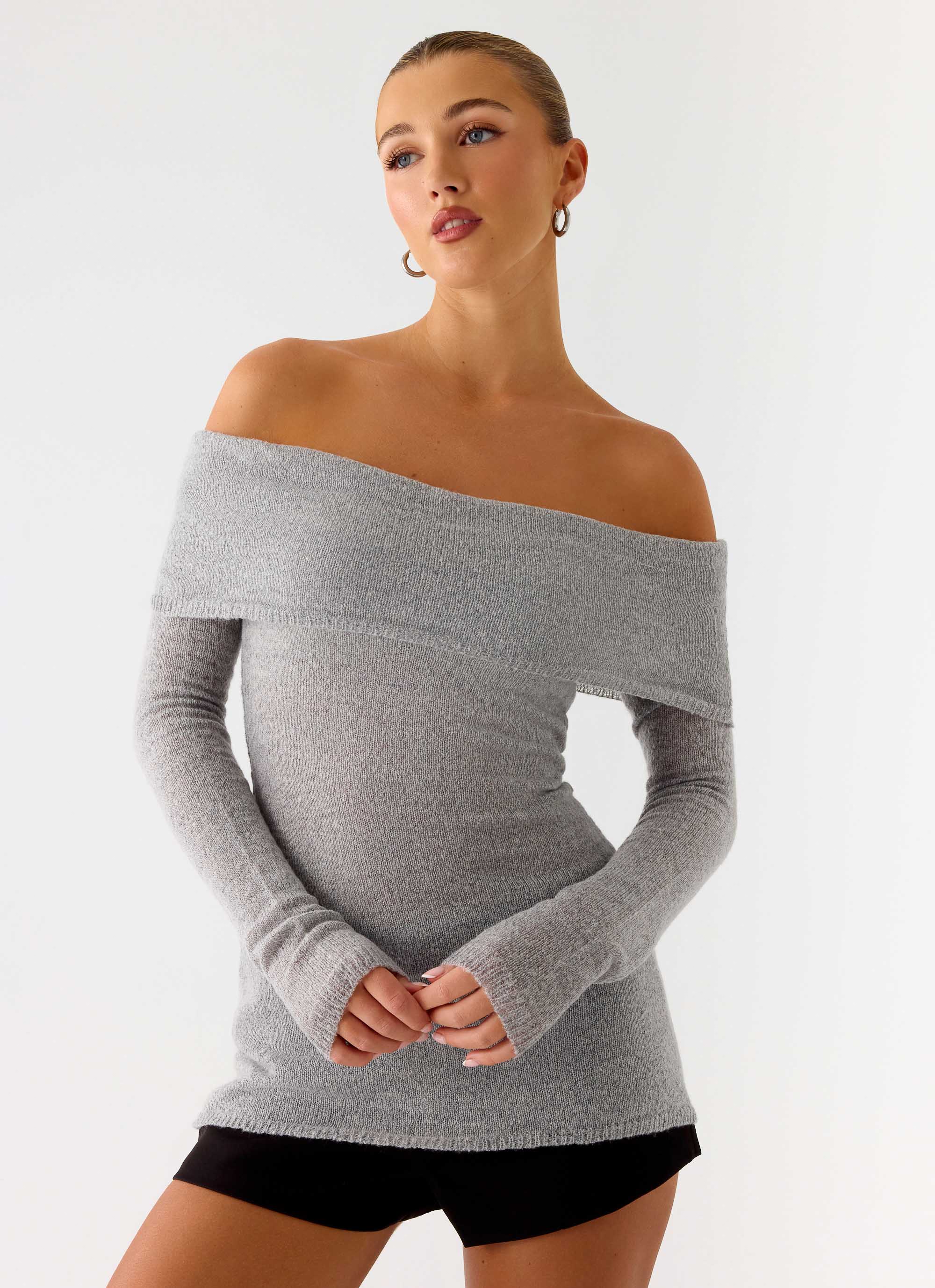 Romeo Bardot Knit Top - Grey - Image 6