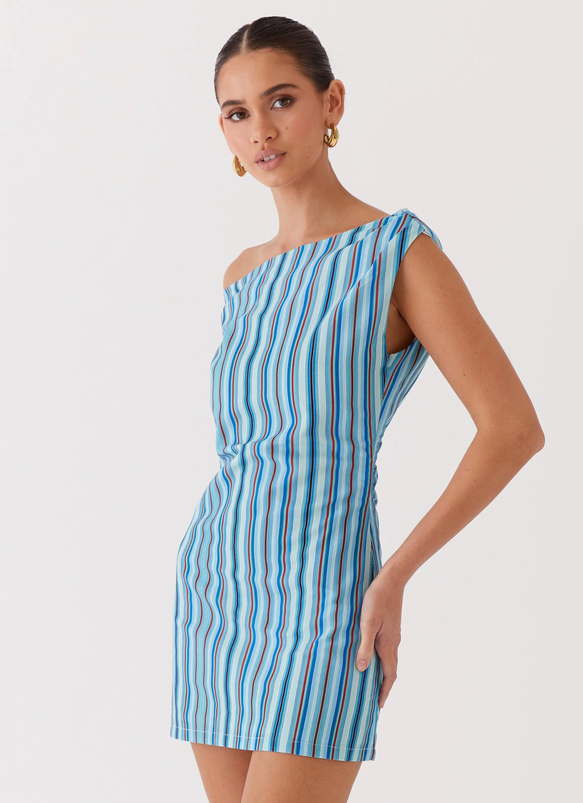 Saona Off Shoulder Mini Dress - Blue Stripe - Image 3