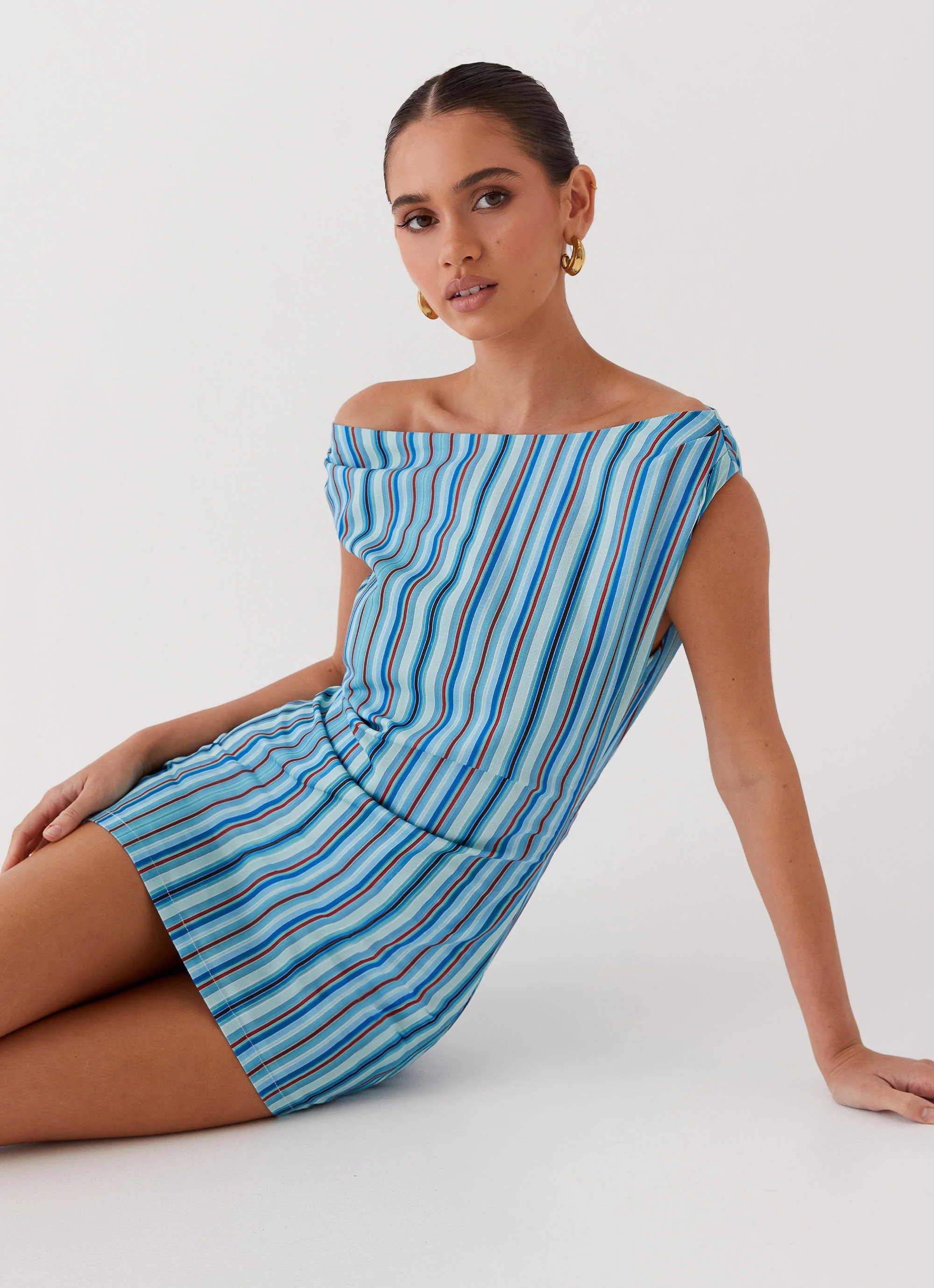 Saona Off Shoulder Mini Dress - Blue Stripe - Image 6