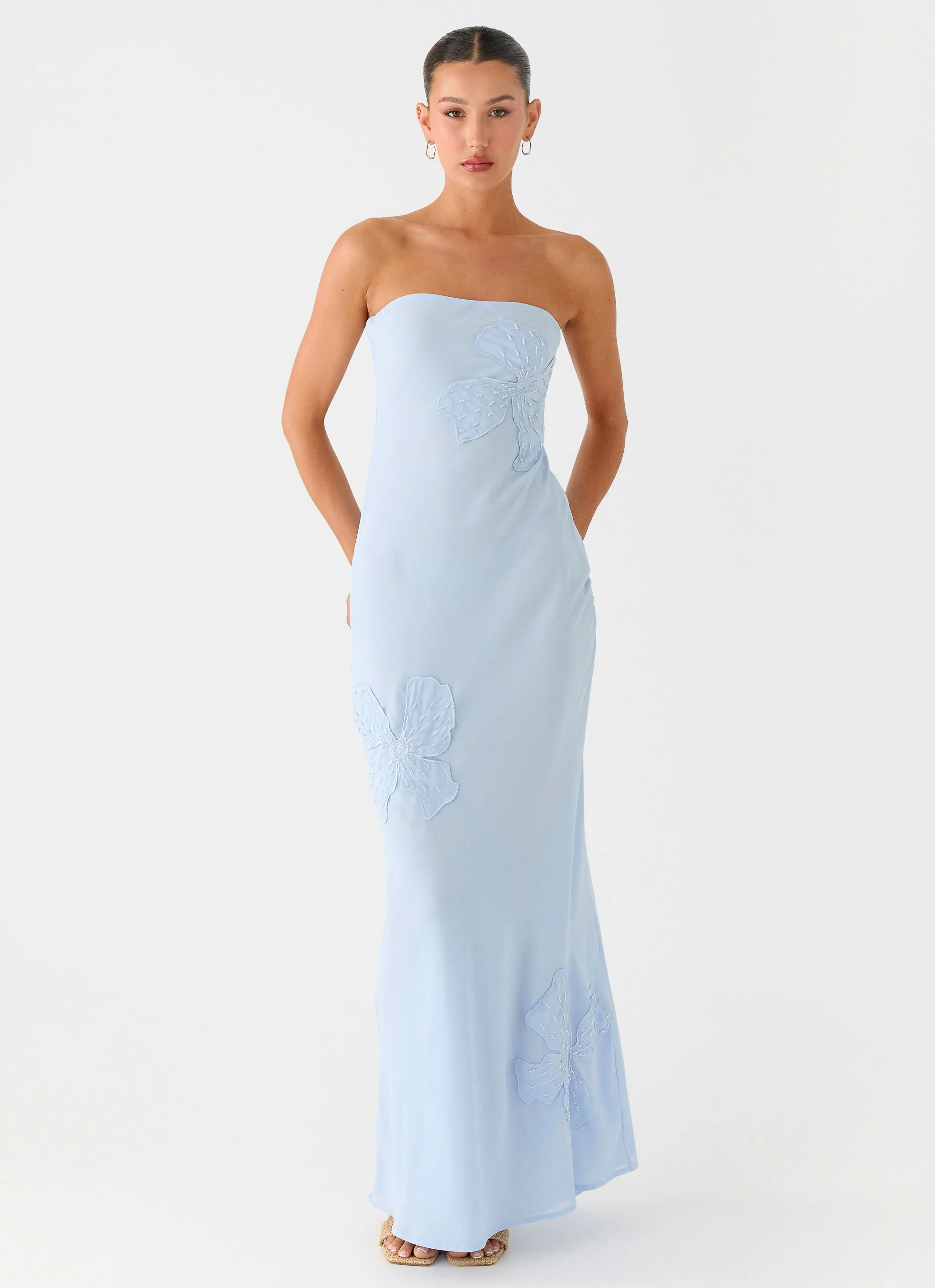 Sassafras Beaded Flower Strapless Maxi Dress - Blue - Image 4