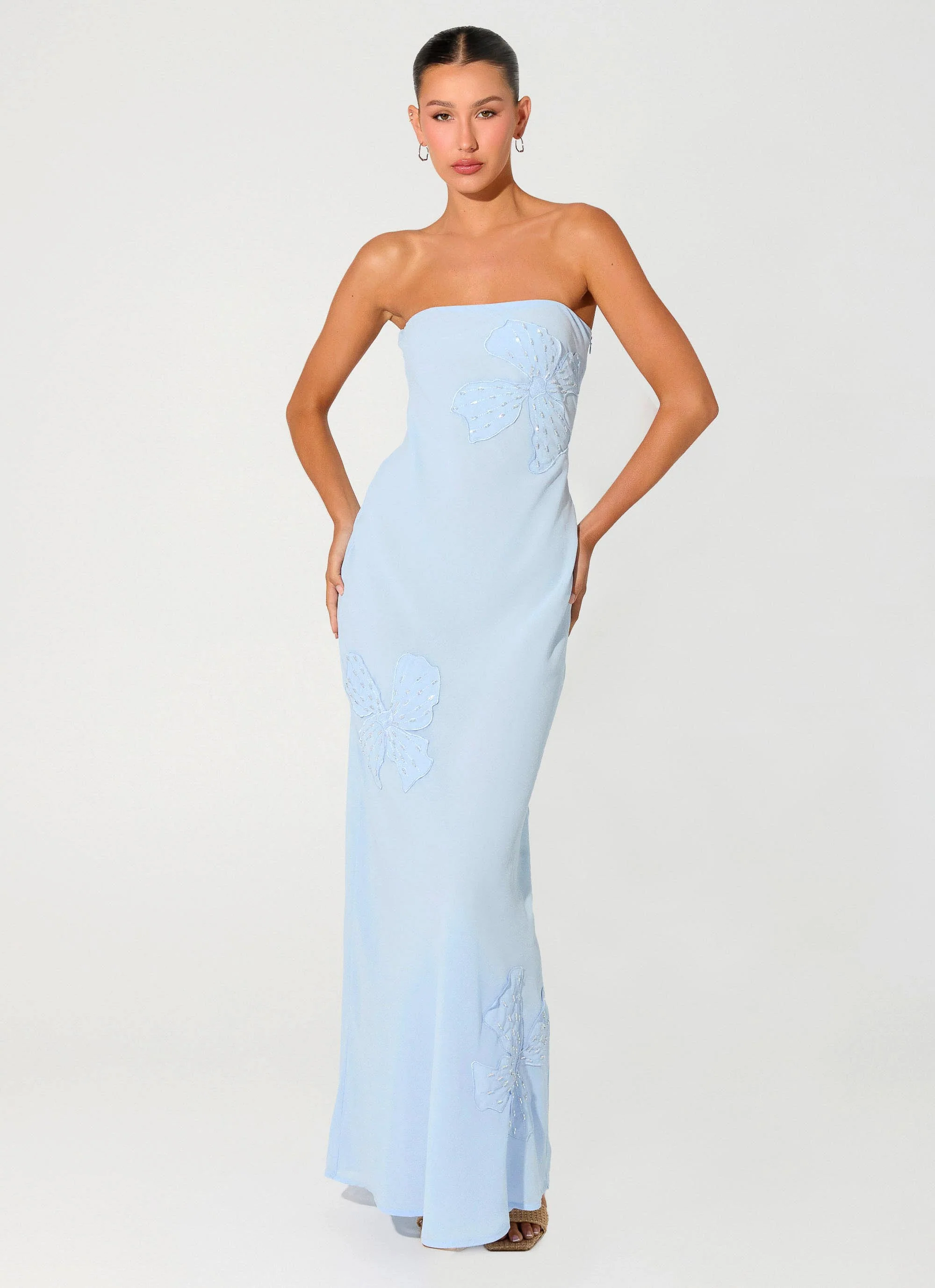 Sassafras Beaded Flower Strapless Maxi Dress - Blue - Image 7
