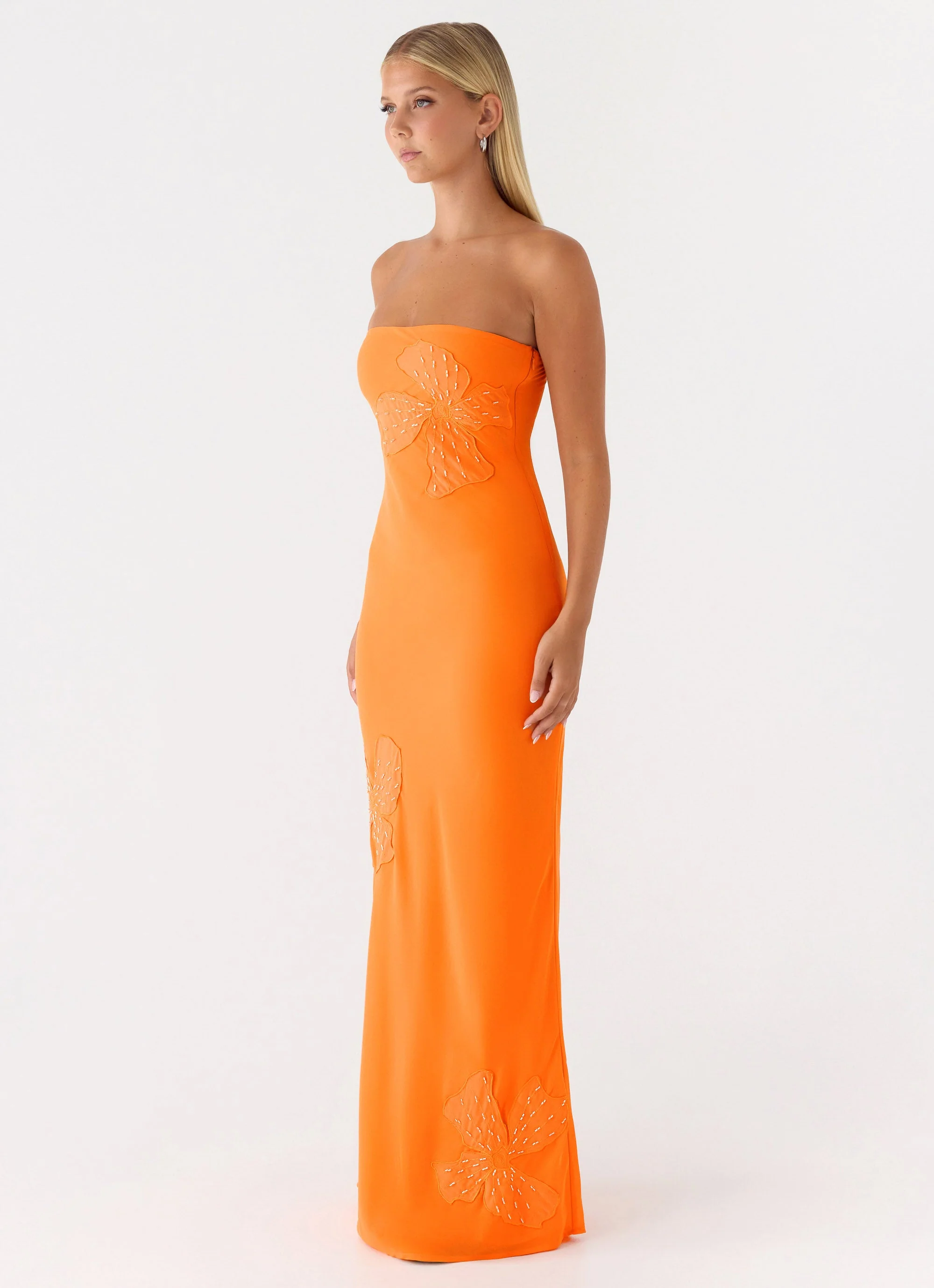 Sassafras Beaded Flower Strapless Maxi Dress - Orange - Image 2