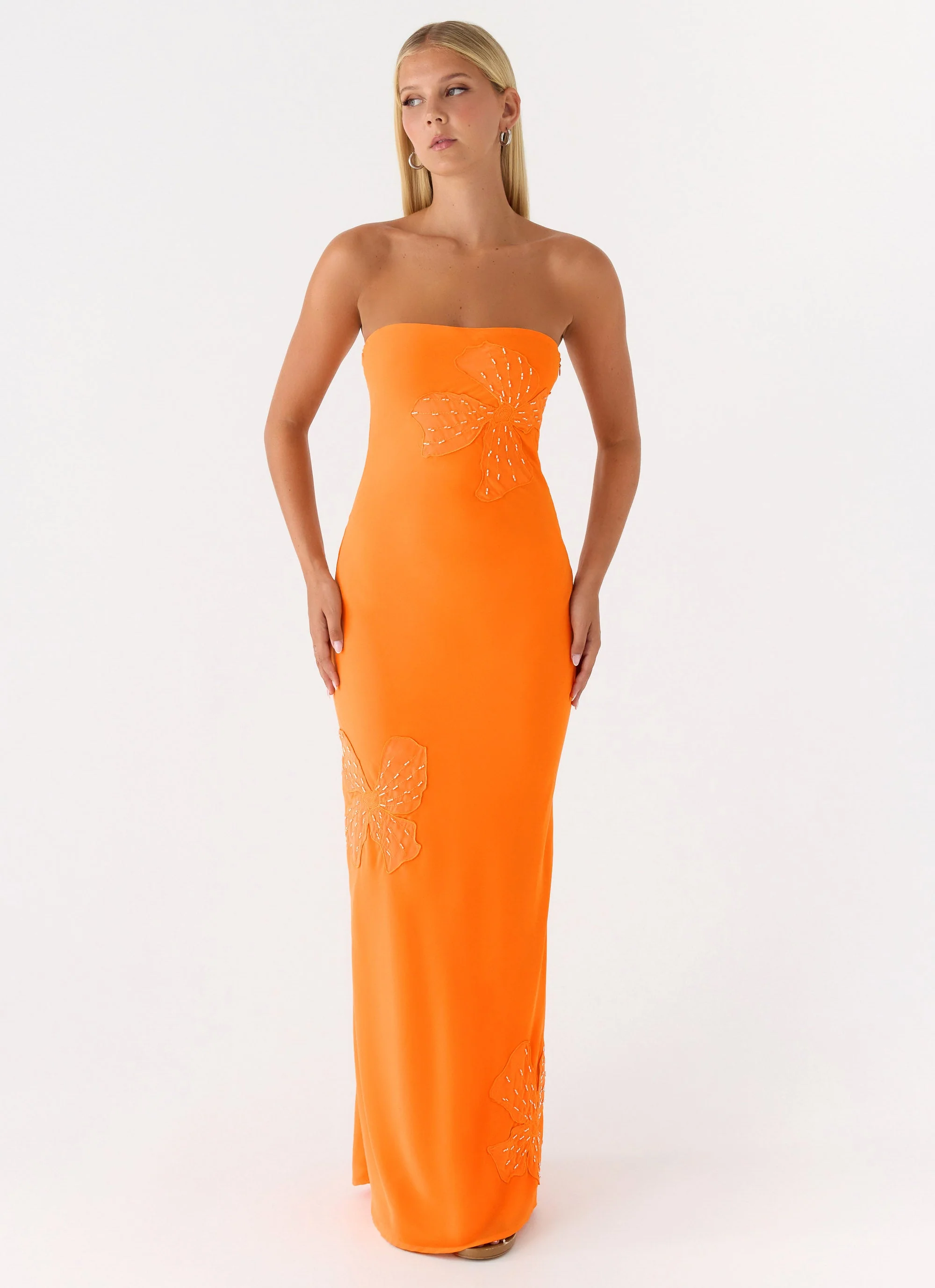 Sassafras Beaded Flower Strapless Maxi Dress - Orange - Image 4