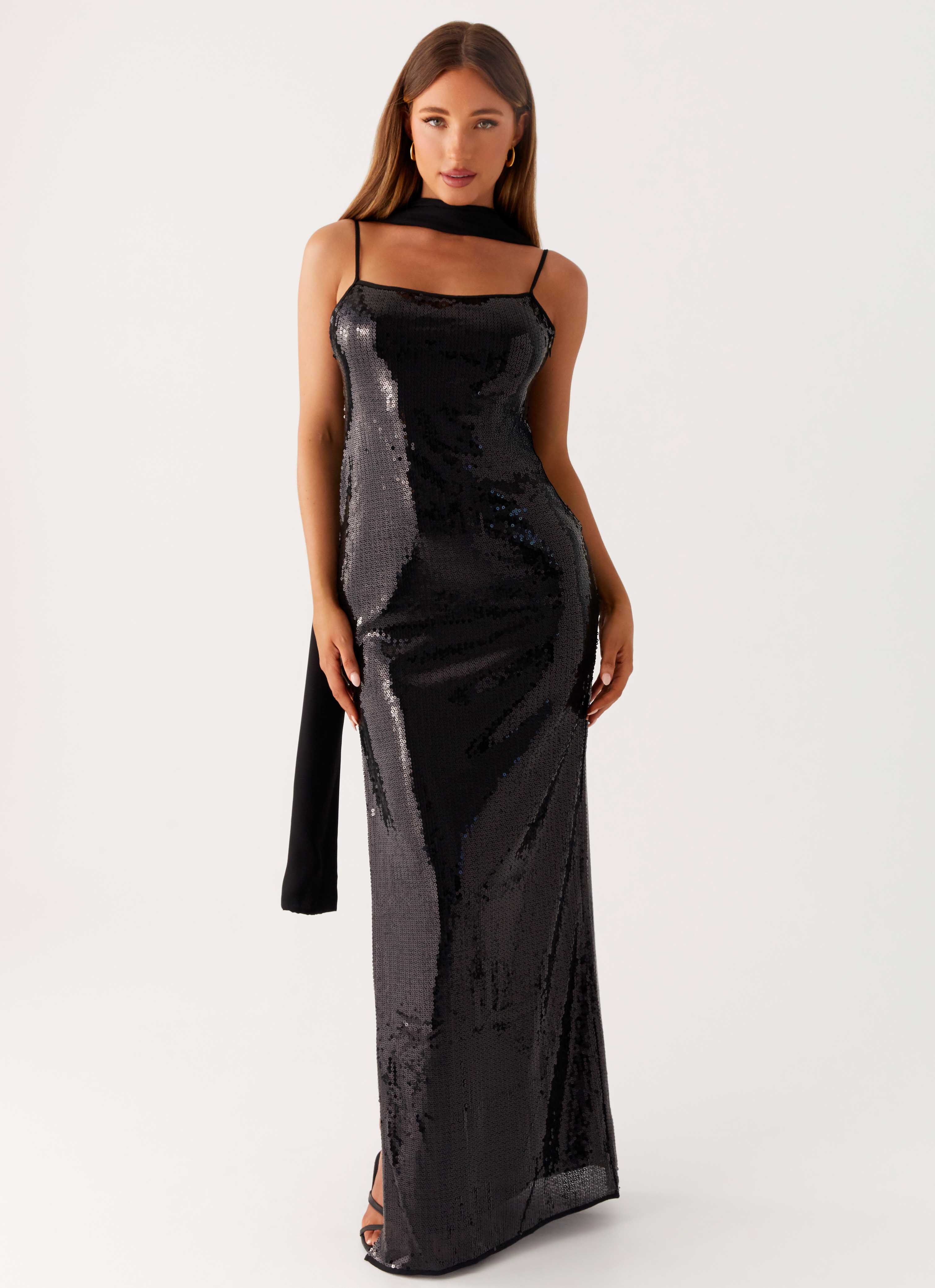 Scarf Neck Sequins Maxi Dress - Black - Image 2