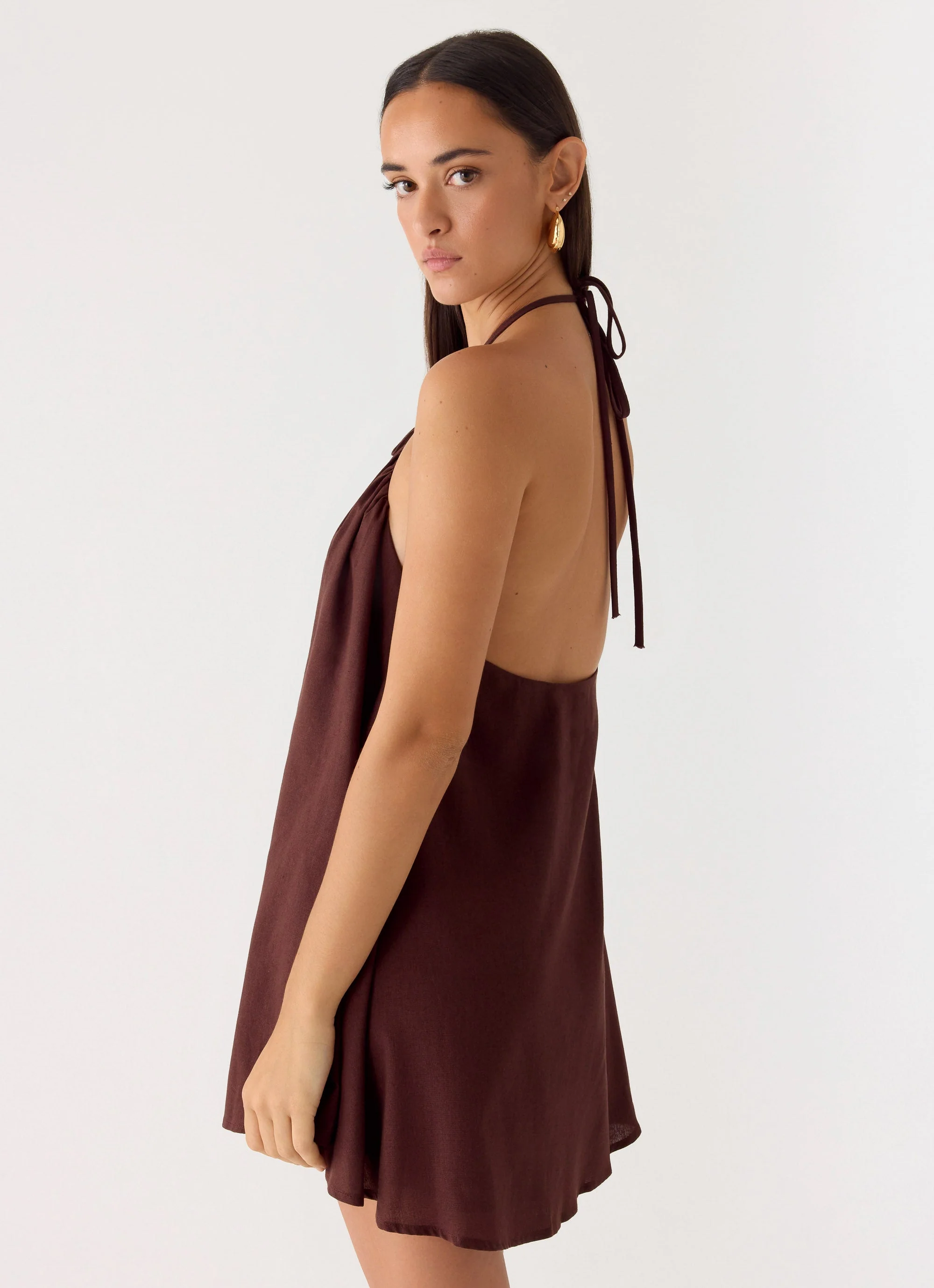 Soft Breeze Linen Mini Dress - Chocolate - Image 5