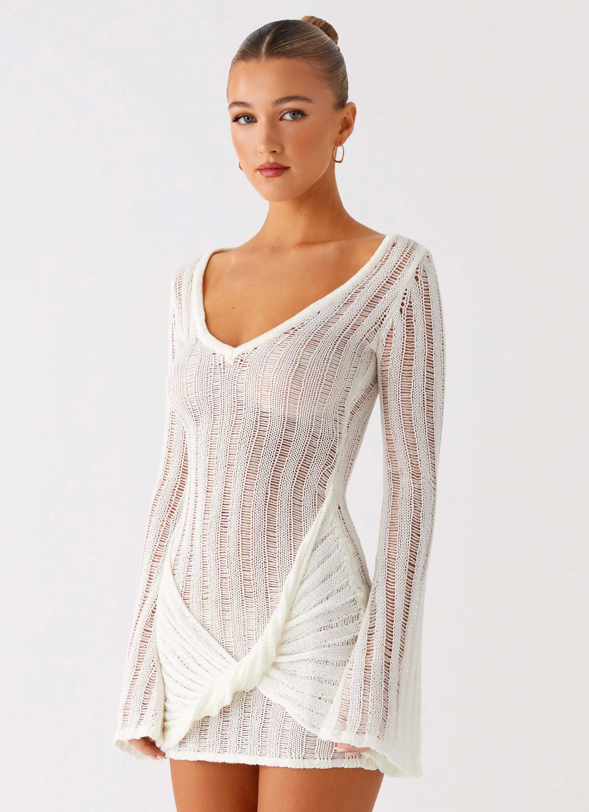 Sorelle Long Sleeve Twist Mini Dress - Ivory - Image 2