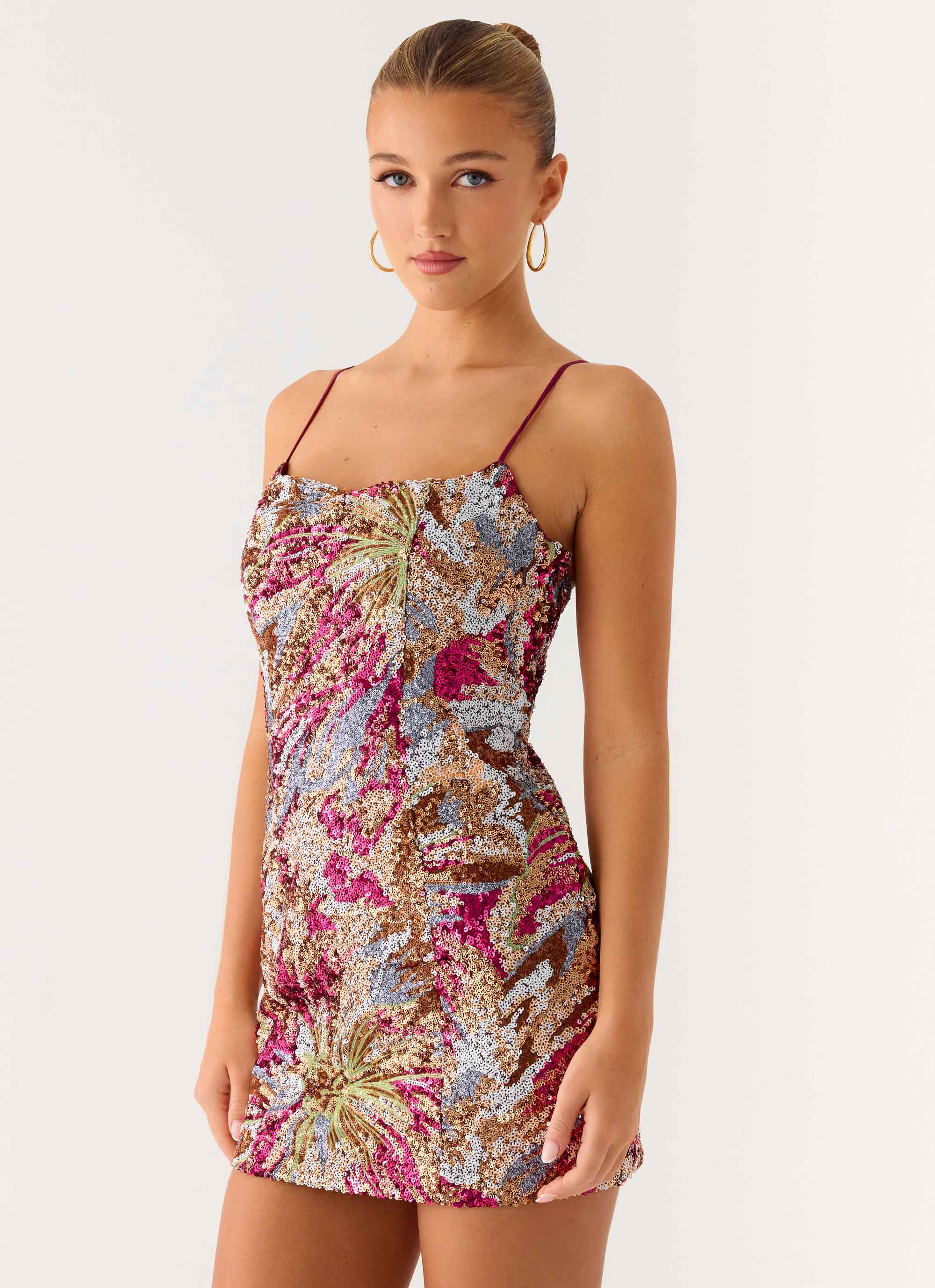 Soul Sound Sequin Mini Dress - Fuchsia Floral Beaded - Image 5
