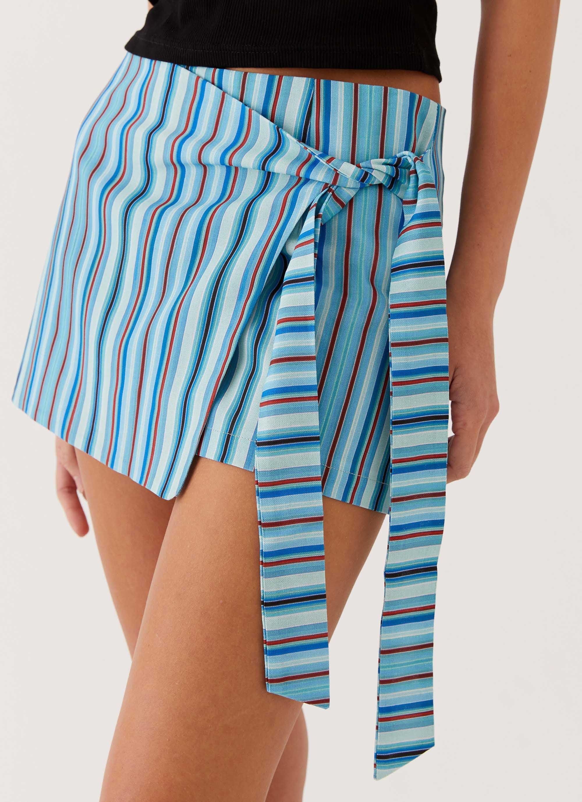 Steal Away Linen Wrap Skirt - Blue Stripe - Image 5