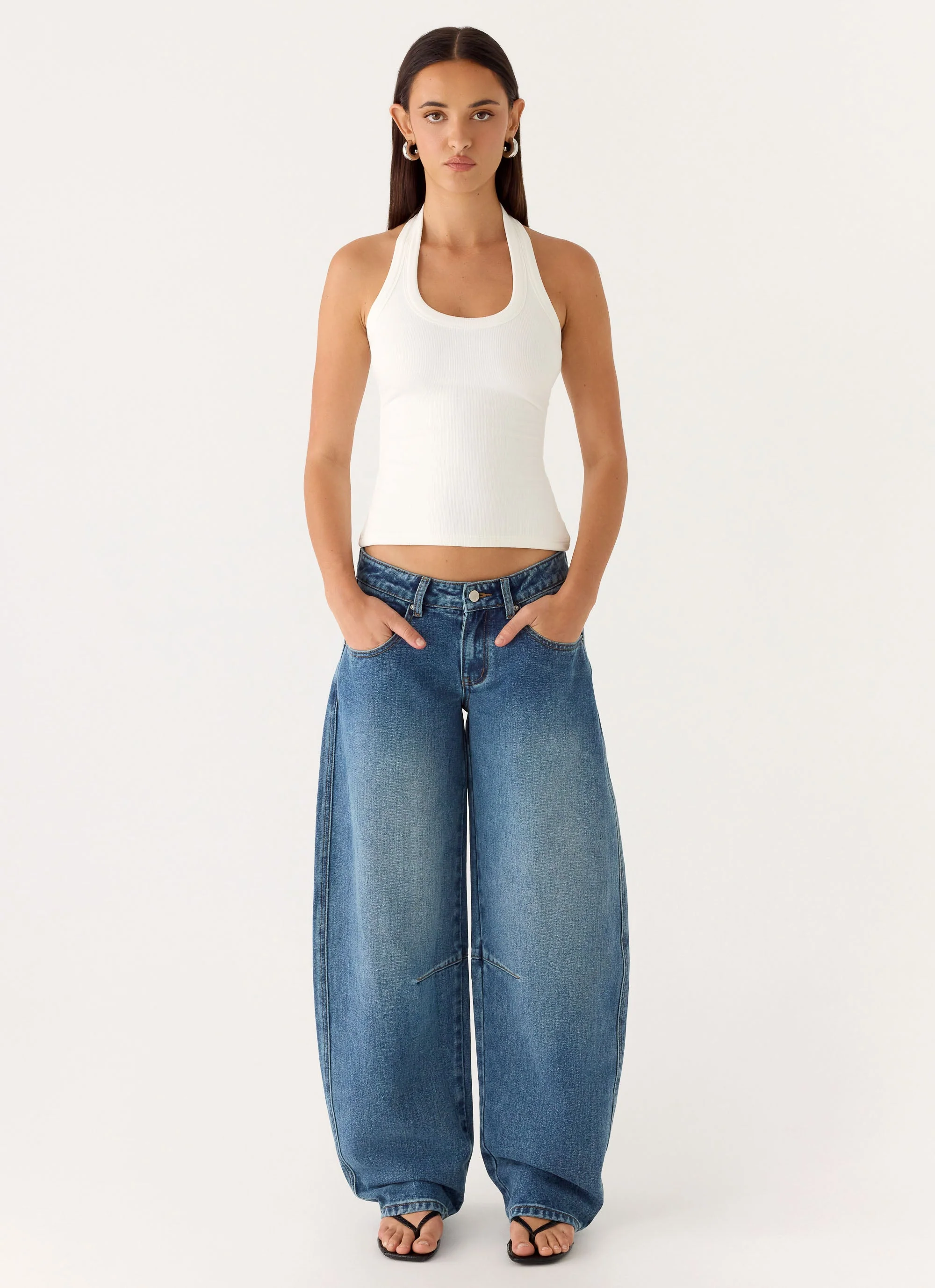 Stevie Low Rise Barrel Leg Denim Jeans - Mid Wash Blue