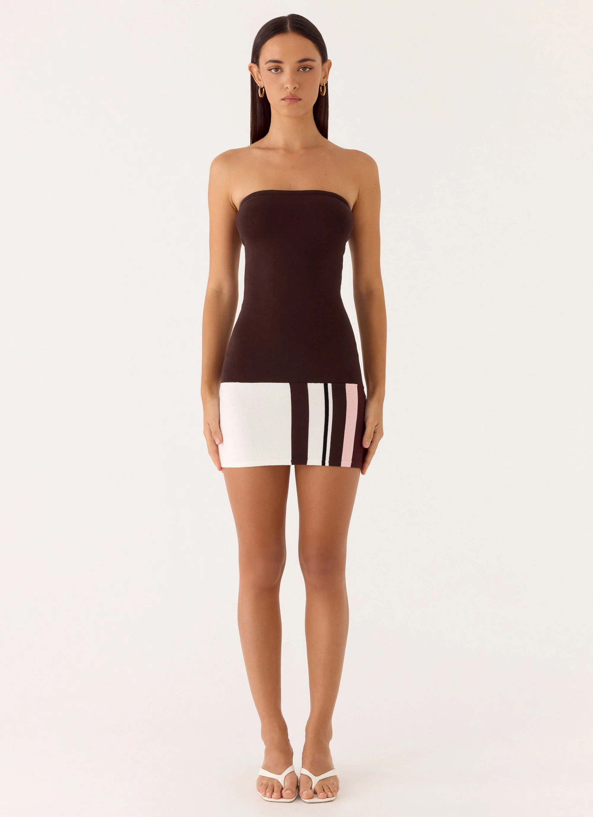 Straight Lines Knit Mini Dress - Chocolate - Image 4