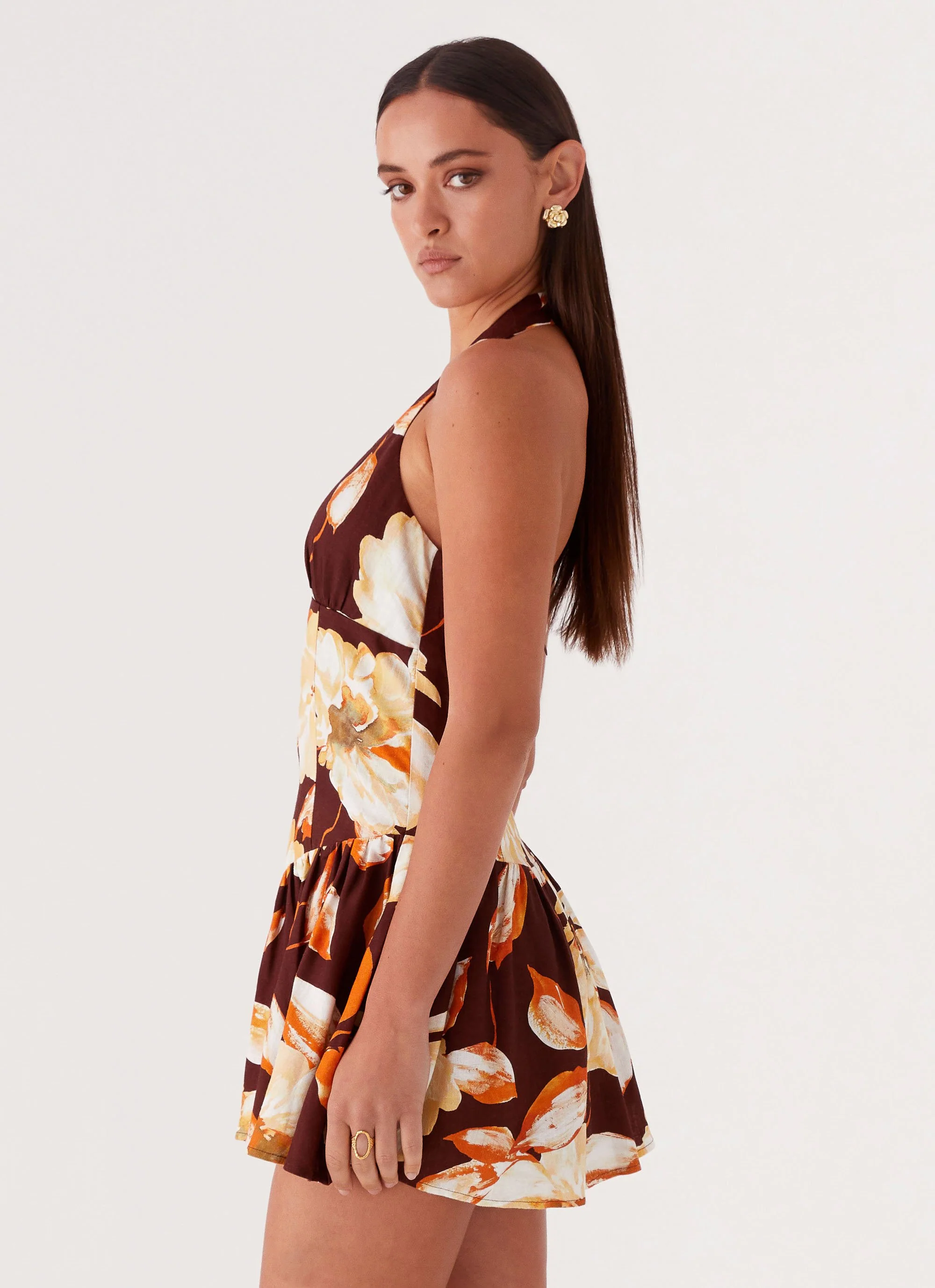 Sunset Ballad Linen Mini Dress - Brown Floral - Image 4