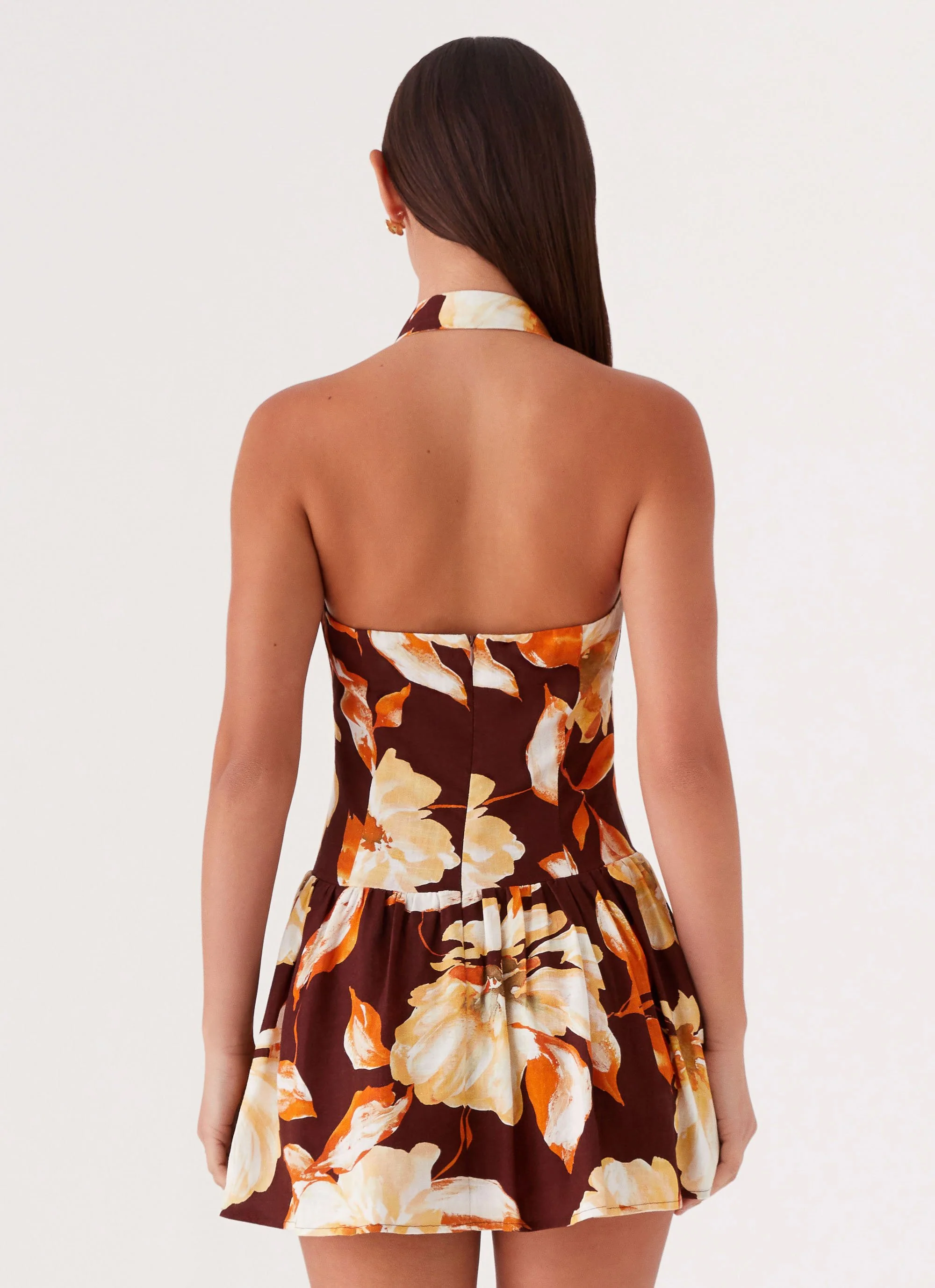 Sunset Ballad Linen Mini Dress - Brown Floral - Image 5