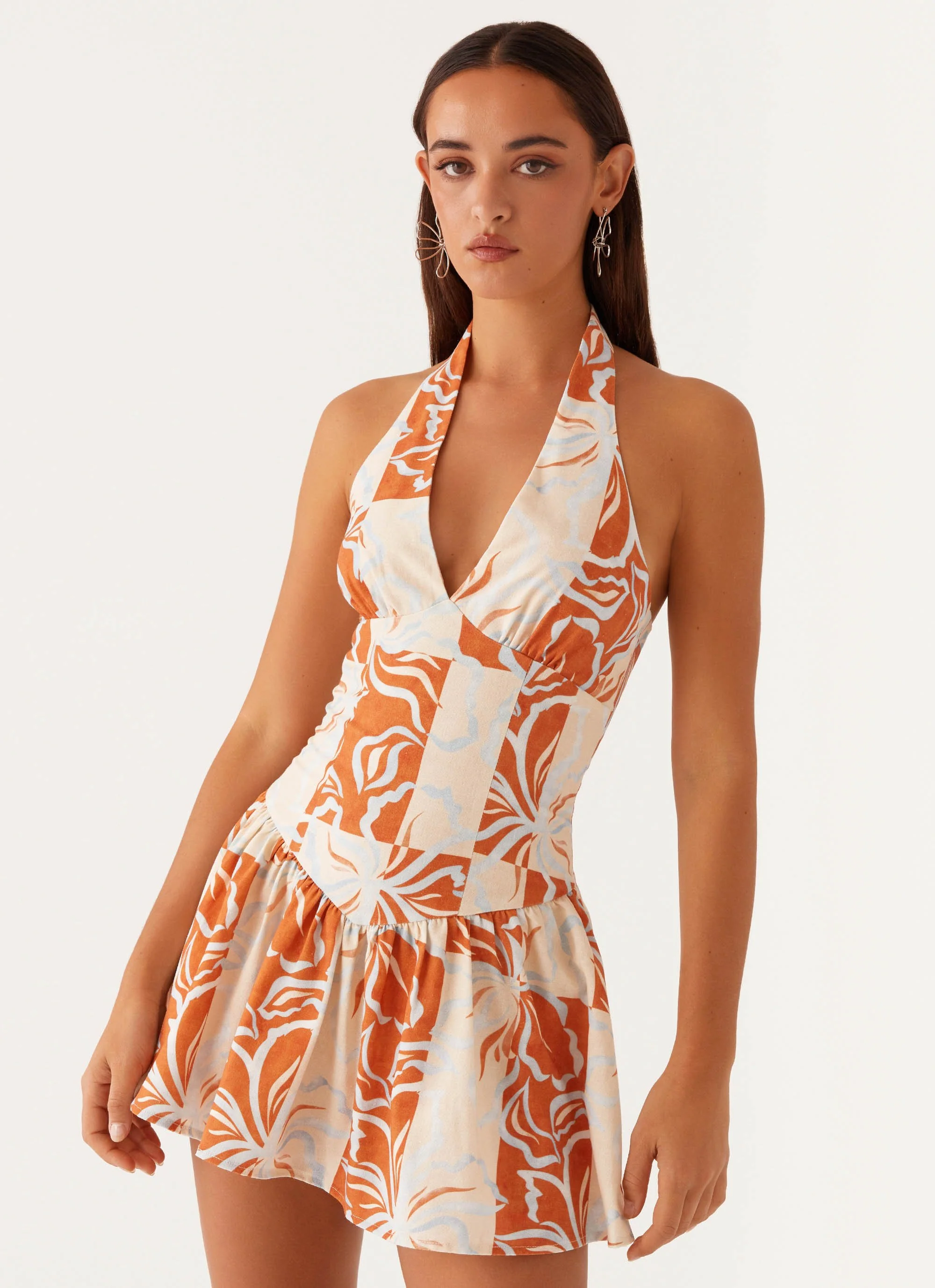 Sunset Ballad Linen Mini Dress - Orange Blue Floral - Image 6