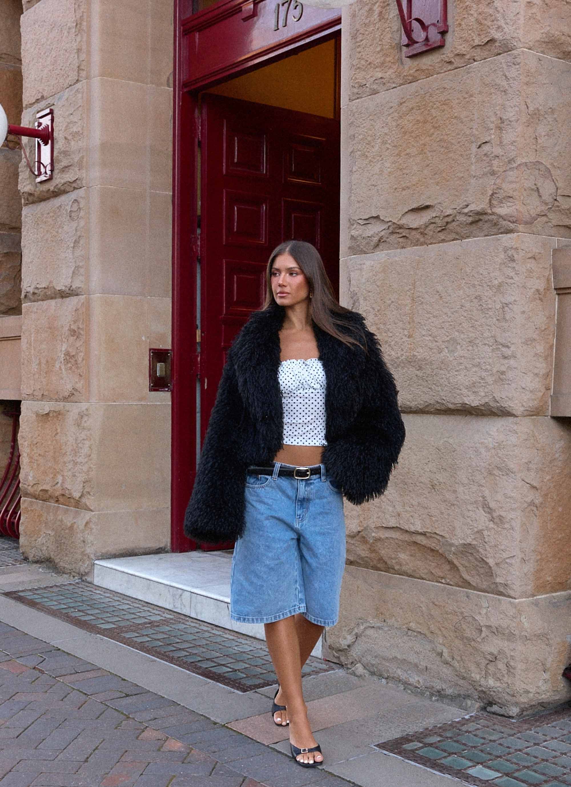 Virginia Cropped Faux Fur Jacket - Black - Image 4