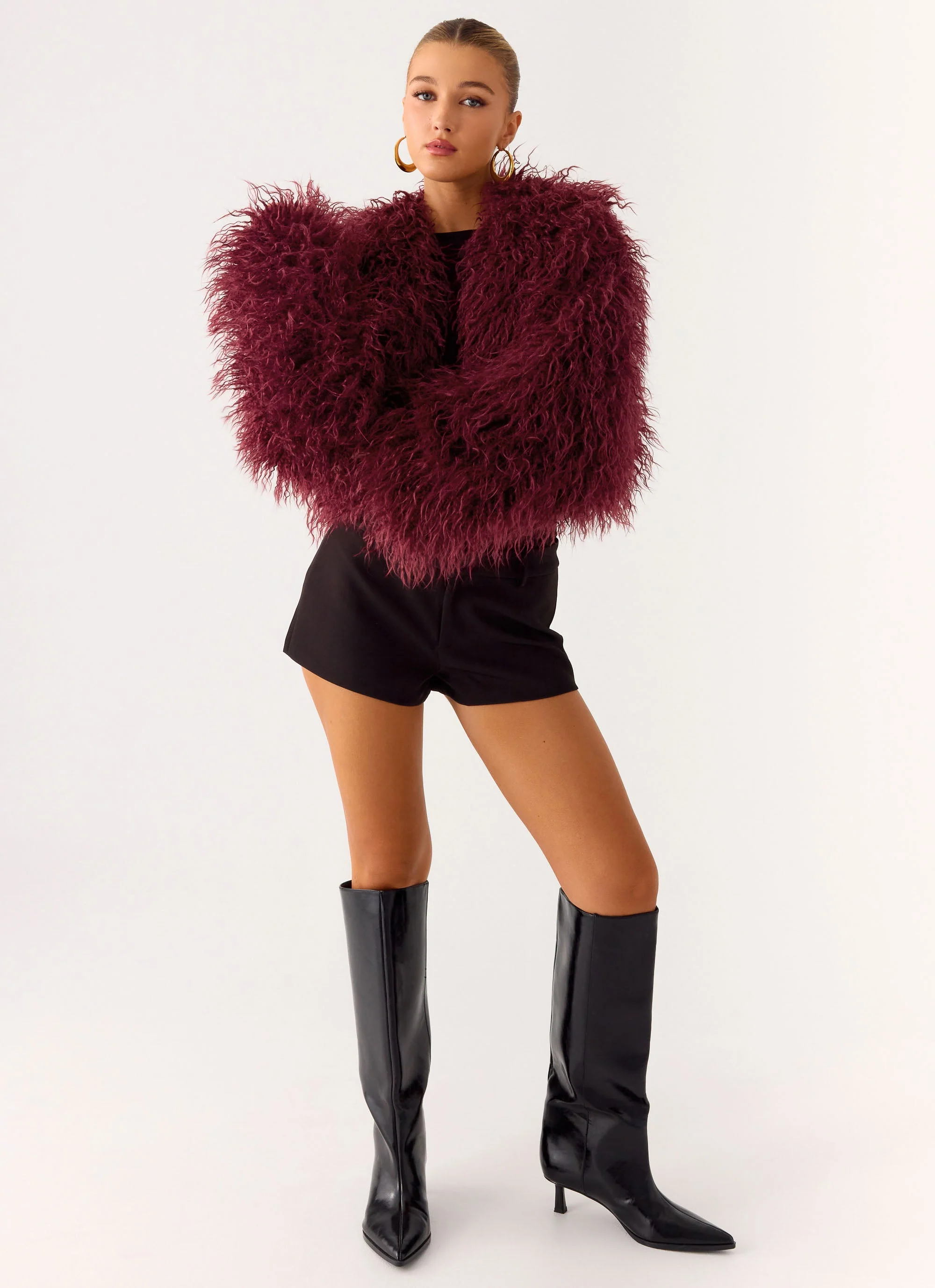 Virginia Cropped Faux Fur Jacket - Maroon - Image 10