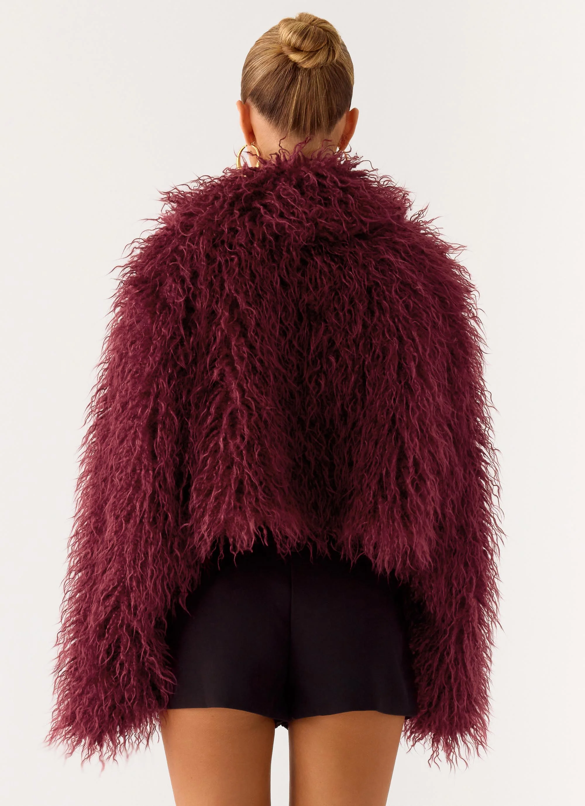 Virginia Cropped Faux Fur Jacket - Maroon - Image 8
