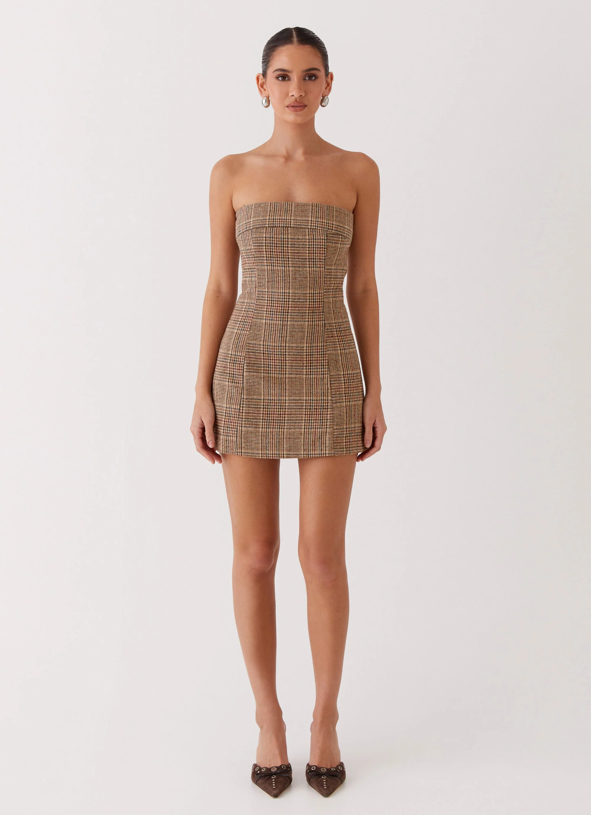 Vivenda Strapless Mini Dress - Brown Plaid - Image 4