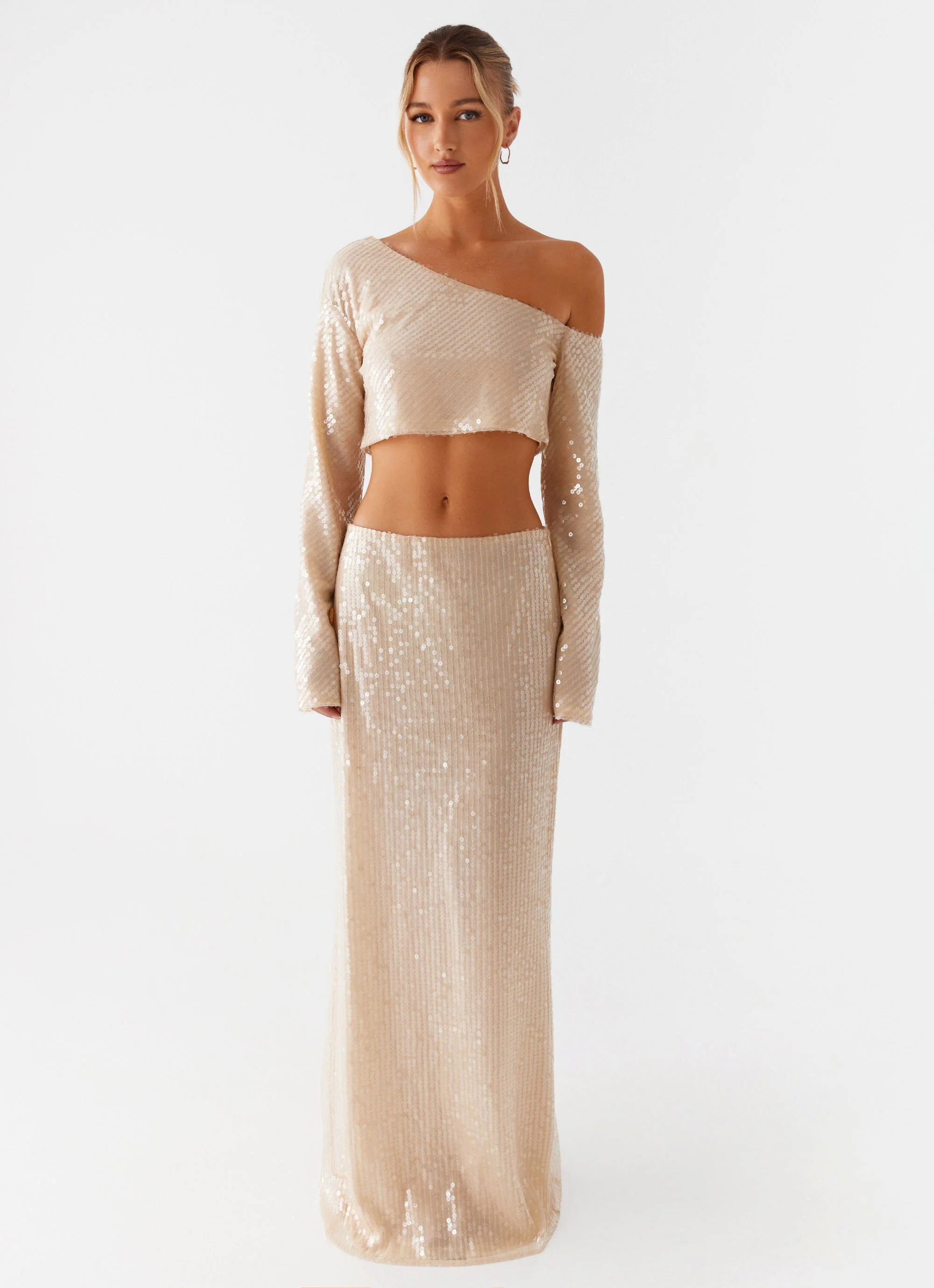 Wisteria Low Rise Sequin Maxi Skirt - Champagne - Image 3