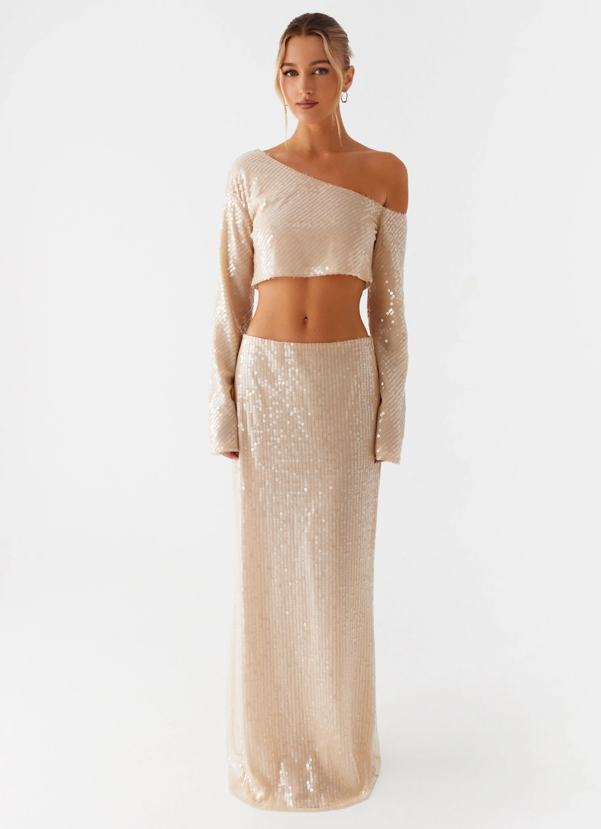 Wisteria Off Shoulder Long Sleeve Sequin Top - Champagne - Image 4