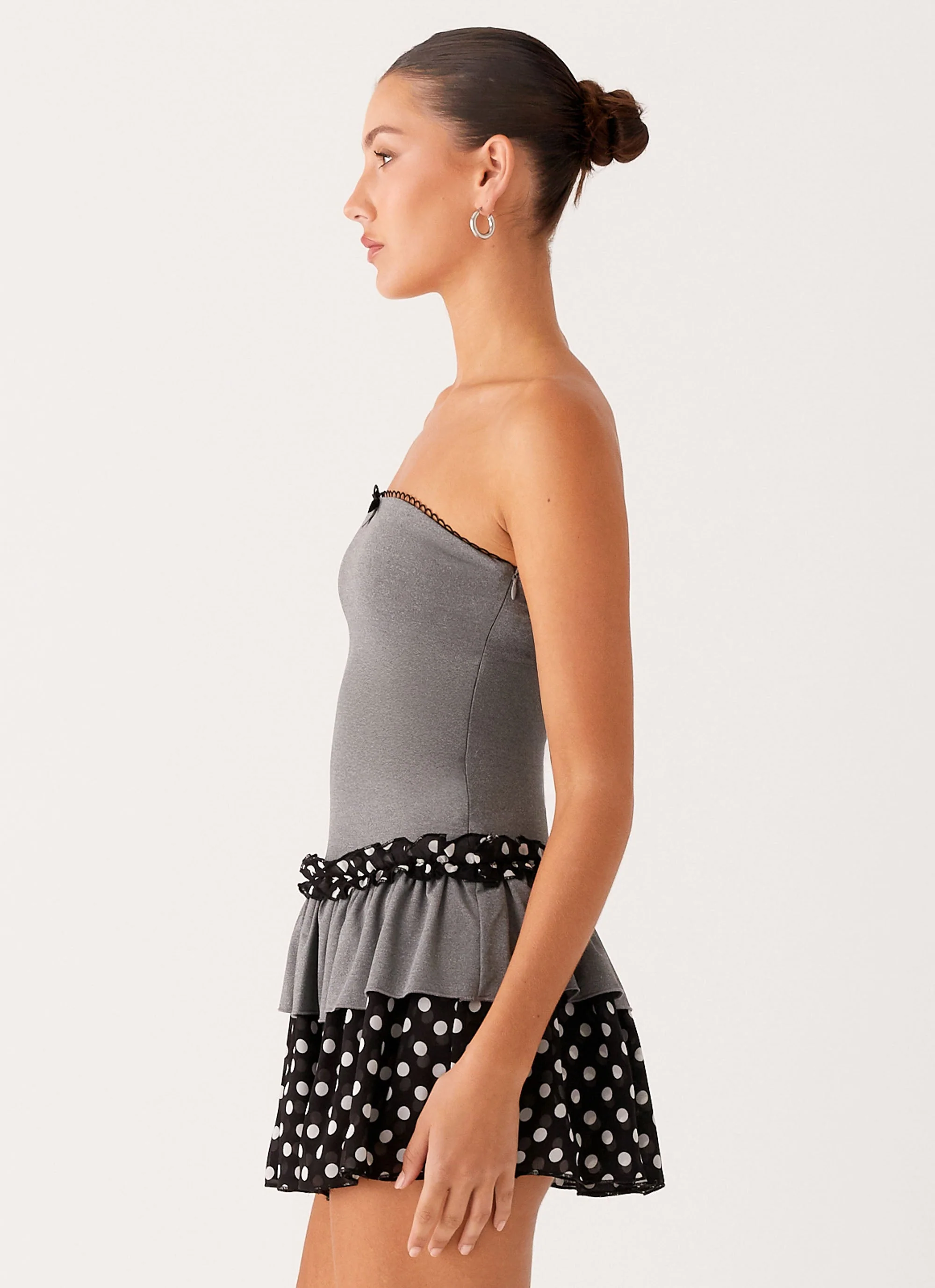 Yerin Strapless Frill Mini Dress - Grey Polkadot - Image 3