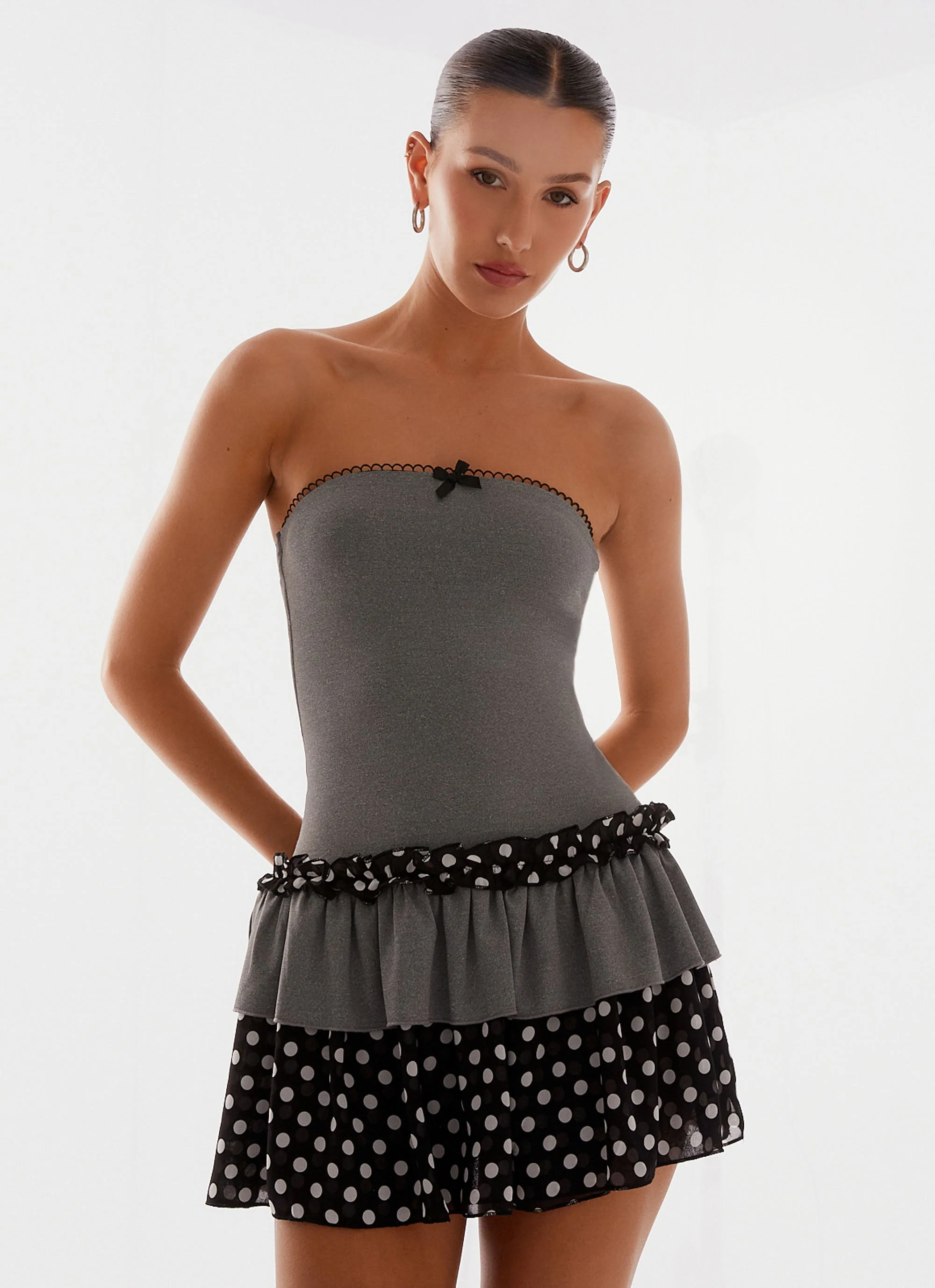 Yerin Strapless Frill Mini Dress - Grey Polkadot - Image 6